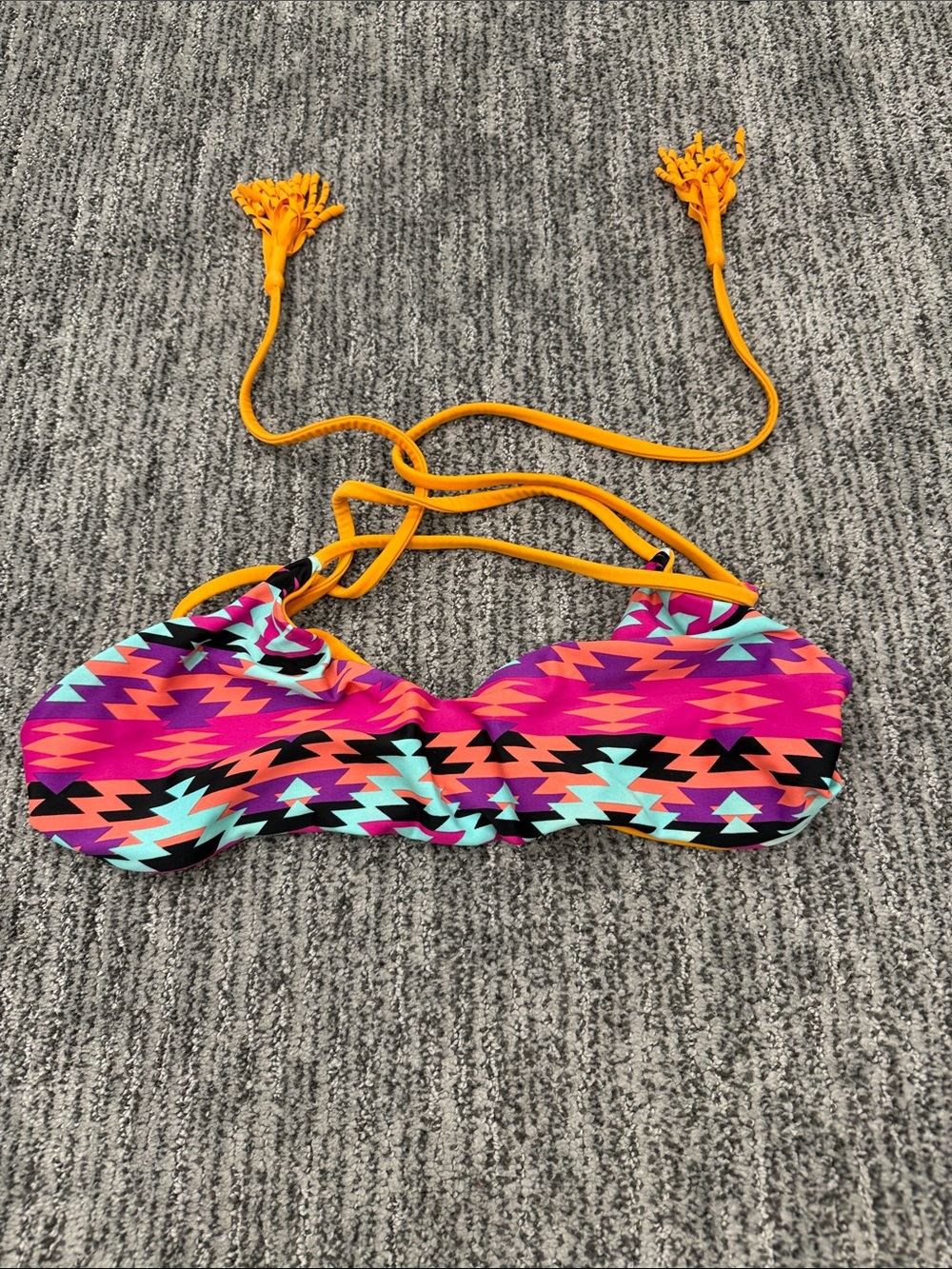 Bright Aztec Print Bandeau Bikini Top with Tassel Halter Straps